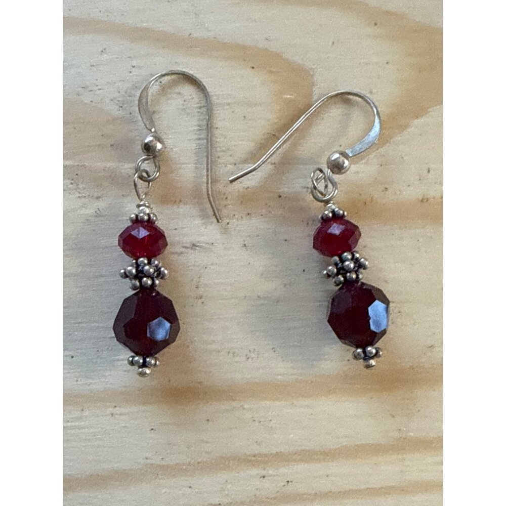 Ruby Red Beaded Dangle Earrings Silver Tone Accents Fishhook Backing Lightweight